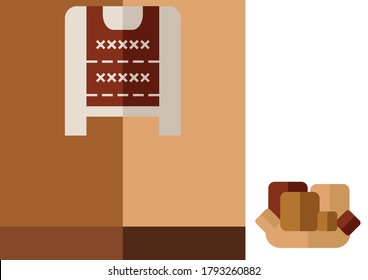 Brochure for nordic cozy hostel or hotel with interior: red nordic sweater and a cozy sofa.Vector illustration in flat style. Template for logotype, infographics, social media post. EPS 10
