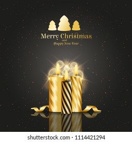 Brochure on Merry Christmas and Happy New Year theme. Vector Illustration with golden ribbons and candles