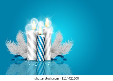 Brochure on Merry Christmas and Happy New Year theme on blue background. Vector Illustration with white christmas tree,blue ribbons and magic candles