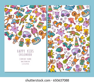 Brochure pages of children and toys. Vector illustrations.
