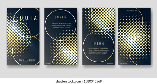 Brochure pages templates set. Golden rings and half tone pattern on black background. Vector illustration.