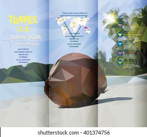 Brochure with polygonal style tropical landscape on the background, world map and infographic design elements