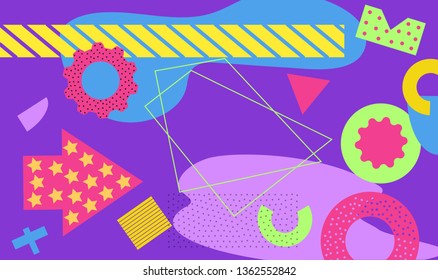 Brochure, poster, abstract elements, purple background, geometric design, memphis style, vector illustration