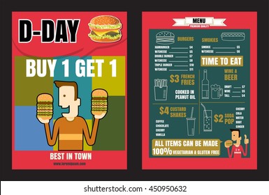 Brochure or poster Restaurant fast foods burger menu buy 1 get 1 vector format eps10