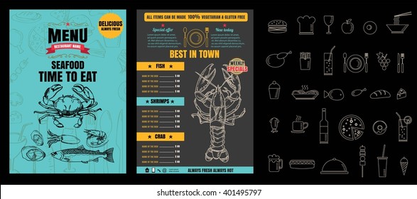 Brochure or poster Restaurant  seafood menu with Chalkboard Background vector format eps10