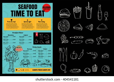 Brochure or poster Restaurant  seafood menu with Chalkboard Background vector format eps10