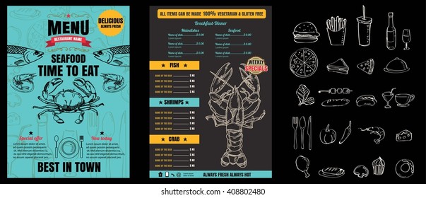 Brochure or poster Restaurant  seafood menu with Chalkboard Background vector format eps10