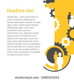 Brochure or presentation template - HR teambuilding or teamwork thread. Right margins decorated with people silhouettes and gears mechanism. With sample text, paragraph and headline.