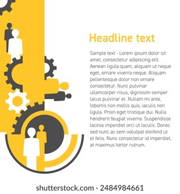 Brochure or presentation template - HR teambuilding or teamwork thread. Left margins decorated with people silhouettes and gears mechanism. With sample text, paragraph and headline.