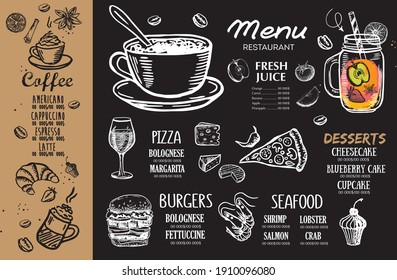 Restaurante Brochure , menú, Smoothie, diseño de plantilla. Volante de comida. Estilo dibujado a mano.	
