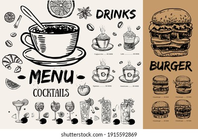 Brochure Restaurant , menu, template design. Food flyer. Hand-drawn style.