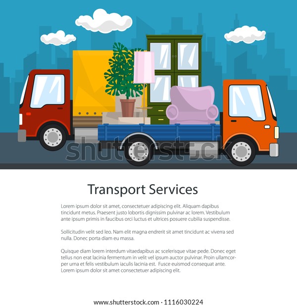 Brochure of Road\
Transport and Logistics, Small Covered Truck and Lorry with\
Furniture go on the Road, Shipping and Freight of Goods, Flyer\
Poster Design, Vector\
Illustration