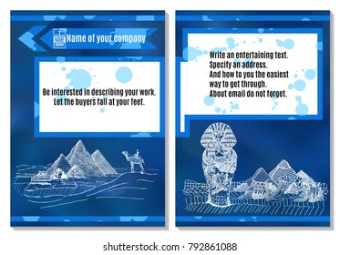 brochure sands ancient egypt on blue background advertisement with sketch elements
