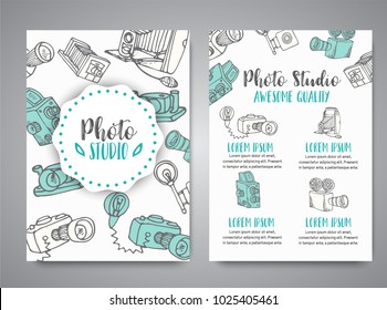 Brochure Set With Photo And Video Design In Doodle Style. Vector Illustration Photography Theme For Advert