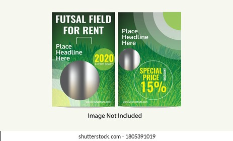 Brochure Template about Futsal Field for Rent, with Special Price and Discount Bullet, and Futsal Grass Background. Can be used for brochure, flyer, poster your futsal business ads. 