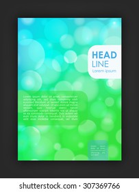 Brochure template with blurred green and blue background bokeh effect