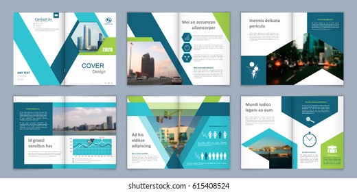 Brochure template. Book cover design. Title sheet. Abstract composition with images. Blue green, turquoise geometric shapes. Set A4 interesting vector illustration. Minimalistic. Creative. Modern.