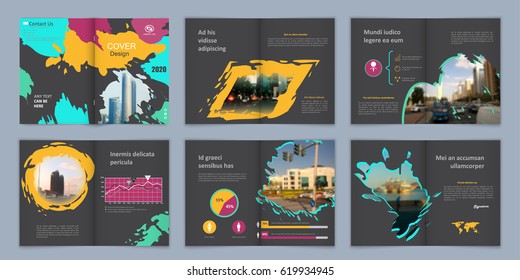 Brochure template. Book cover design. Title sheet. Abstract composition with images. Blue, green, yellow, crimson geometric shapes. Set A4 interesting vector illustration. Bright. Creative. Modern.