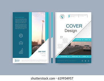 Brochure template. Book cover design. Title sheet. Abstract composition with images. Blue green, turquoise geometric shapes. A4 interesting vector illustration. Minimalistic. Creative. Modern.
