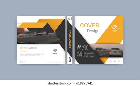 Brochure template. Book cover design. Title sheet. Abstract composition with images. Gray, yellow, white geometric shapes. A4 interesting vector illustration. Minimalistic. Creative. Modern.