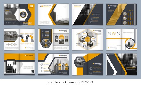 Brochure template. Book cover design. Title sheet. Abstract composition with images. Blue, yellow, gray geometric shapes. Set A4 interesting vector illustration. Minimalistic. Creative. Modern.