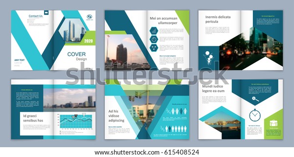 Brochure template. Book cover design. Title\
sheet. Abstract composition with images. Blue green, turquoise\
geometric shapes. Set A4 interesting vector illustration.\
Minimalistic. Creative.\
Modern.