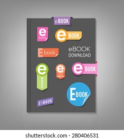 Brochure template, book cover with e-book download stickers.