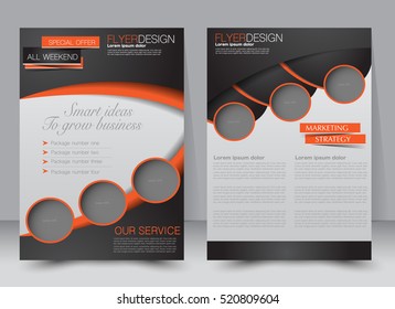 Brochure template. Business flyer. Annual report cover. Editable A4 poster for design, education, presentation, website, magazine page. Black and orange color.