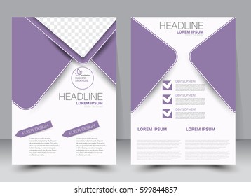 Brochure template. Business flyer. Annual report cover. Editable A4 poster for design, education, presentation, website, magazine page. Purple color