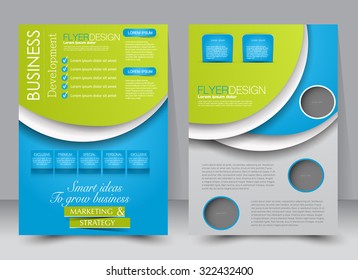 Brochure template. Business flyer. Editable A4 poster for design, education, presentation, website, magazine cover. Blue and green color.