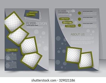 Brochure template. Business flyer. Editable A4 poster for design, education, presentation, website, magazine cover. Green and grey color.