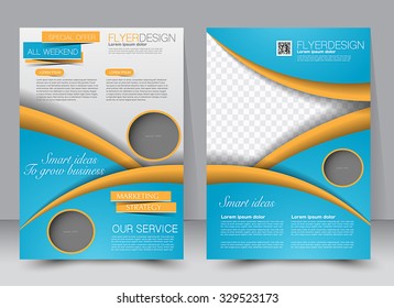 Brochure template. Business flyer. Editable A4 poster for design, education, presentation, website, magazine cover. Blue and orange color