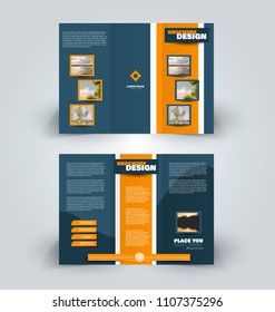 Brochure template. Business trifold flyer.  Creative design trend for professional corporate style. Vector illustration. Blue and orange color.