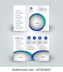 Brochure template. Business trifold flyer.  Creative design trend for professional corporate style. Vector illustration. Blue color.