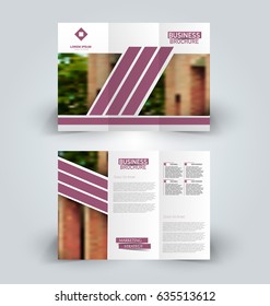 Brochure template. Business trifold flyer.  Creative design trend for professional corporate style. Vector illustration. Purple color.