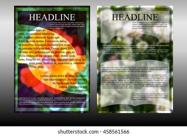 brochure template card with blurred floral background. Showing two sides or two design options.