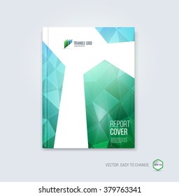 Brochure template, cover design, annual report, magazine and flyer layout with blue green geometric shapes on polygonal background. Vector illustration.