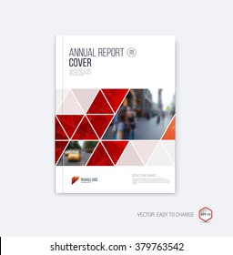 Brochure template, cover design, annual report, magazine and flyer layout with red geometric shapes on polygonal background. Vector illustration.