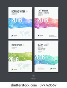 Brochure template, cover design, annual report, magazine and flyer layout with colourful - blue, green, red geometric shapes on polygonal background. Vector illustration.
