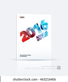 Brochure Template, Cover Design For Annual Report In A4 With Red Blue 2016, Skyscraper, Business Woman And Laptop In Collage With Overlap Effect For Business And Construction Idea. Vector Layout.