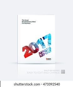 Brochure template, cover design for annual report in A4 with red blue 2017, skyscraper, business woman and laptop in collage with overlap effect for business and construction idea. Vector layout.