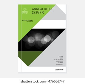 Brochure template, cover design, annual report, magazine and flyer layout with green geometric shapes on polygonal background. Vector illustration.