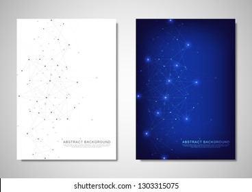 Brochure template or cover design. Digital technology with plexus background and space for your text. Geometric abstract background of connected dots and lines