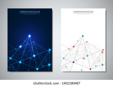 Brochure template or cover design. Digital technology with plexus background and space for your text. Geometric abstract background of connecting dots and lines