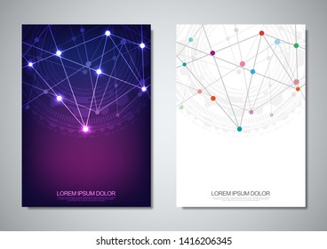 Brochure template or cover design. Digital technology with plexus background and space for your text. Geometric abstract background of connecting dots and lines