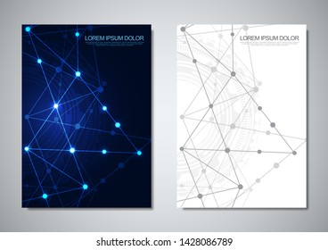 Brochure template or cover design. Digital technology with plexus background and space for your text. Geometric abstract background of connecting dots and lines