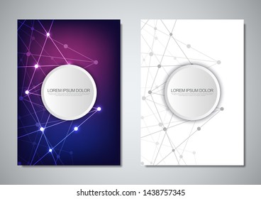 Brochure template or cover design. Digital technology with plexus background and space for your text. Geometric abstract background of connecting dots and lines