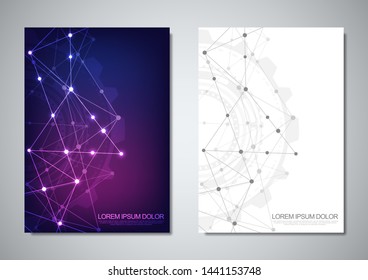 Brochure template or cover design. Digital technology with plexus background and space for your text. Geometric abstract background of connecting dots and lines
