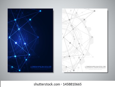Brochure template or cover design. Digital technology with plexus background and space for your text. Geometric abstract background of connecting dots and lines