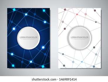 Brochure template or cover design. Digital technology with plexus background and space for your text. Geometric abstract background of connecting dots and lines